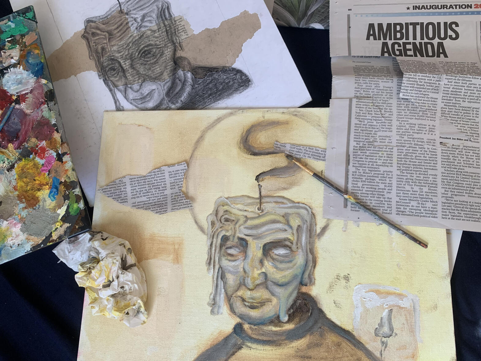 Oil painting WIP with newspaper experimentation